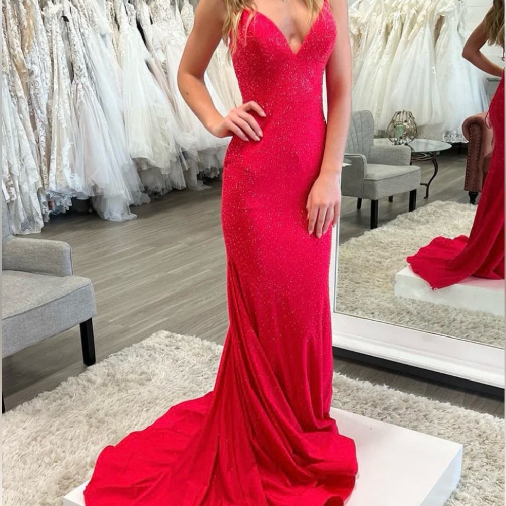 Kissprom red beaded sparkly mermaid v neck satin long prom dress size 2